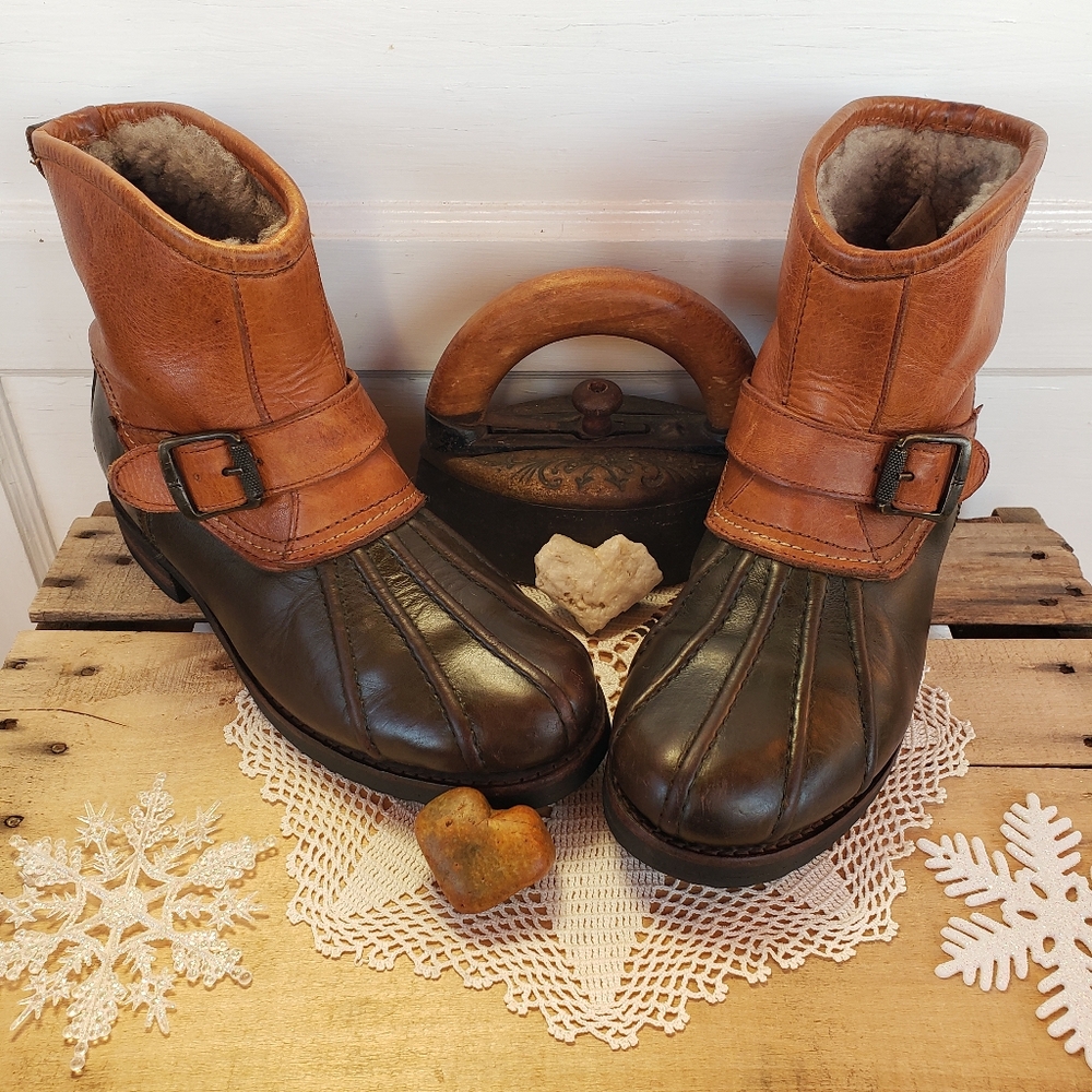 Olive Green Frye Shearling Fur Veronica Leather Duck Bootie Moto Engineer Boho🌿 - Picture 3 of 10